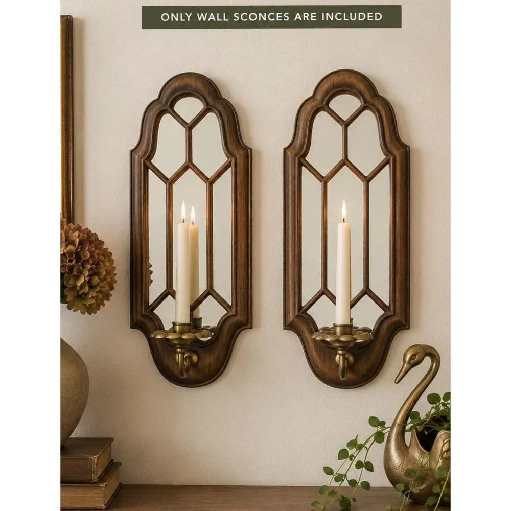 Vintage Faux Wood Metal Wall Sconce Mirrors Pair Candle Holders Gothic Decor
